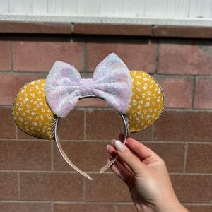 Yellow Floral Mouse Ears Headband with Sequin Bow